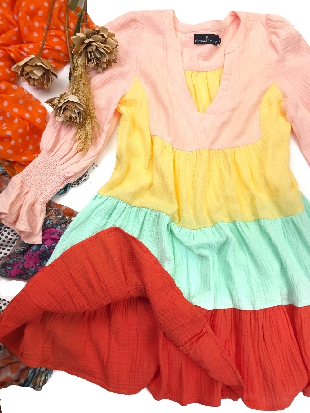 New Tuckernuck Pomander Place Colorblock Tiered Dress Pink Yellow Mint Red Sz S